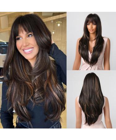 Allbell black wigs for black women Long wig with bang black mixed blonde natural wig smooth hair synthetic wig black with brown 2082-1