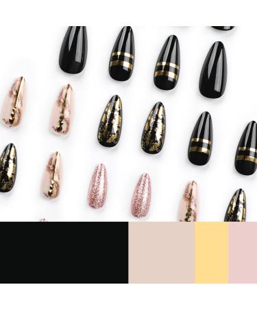 Mouyouglow Press on Nails - Almond Black Gold Foil & Pink Glitter - Glossy Marble Nail Art with Glue - Y17 - Buy Online on GoSupps.com