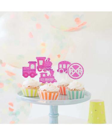 Pink Glitter Kids Train-Themed Happy Birthday Cupcake Toppers Set of 18 - Perfect for a girl's train birthday party baby shower party or themed railroad party Choo-choo decorations - SugarGera - Buy Online on GoSupps.com
