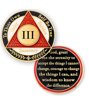 3 Year AA Medallions Sobriety Coin - Alcoholics Anonymous Chips - Three Year Coins - Red White Black Token