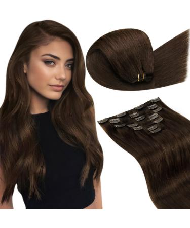 LAAVOO Extensions Clip in Real Hair Brown Real Hair Extensions Clip Dark Brown 45cm Double Tress Hair Extension Real Hair Clip in Extensions smooth 7 pieces 105g #4 45cm-105g 1.3 #4