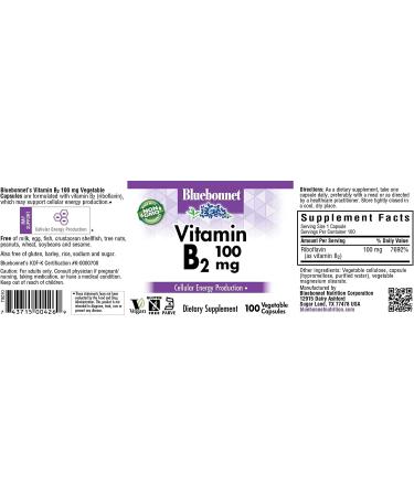Bluebonnet Nutrition Vitamin B2 100 mg for Cardiovascular & Nervous System Health - 100 Veg Caps, Soy-Free, Gluten-Free, Kosher, Dairy-Free, Vegan, Non-GMO - Buy Online on GoSupps.com