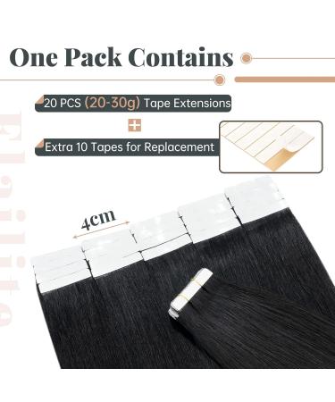 Elailite Real Hair Extensions Tape In #1 Black - 20 Pieces Invisible Glue 40cm 30g Real Human Hair - Buy Online on GoSupps.com