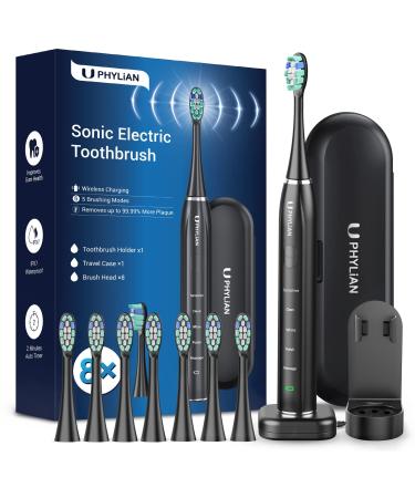 PHYLIAN Whitening Electric Toothbrush for Adults - Rechargeable Sonic Electronic Toothbrushes with 5 Modes and Timer, Wireless Charging, 8 Tooth Brush Heads and Travel Case and Toothbrush Holder Black