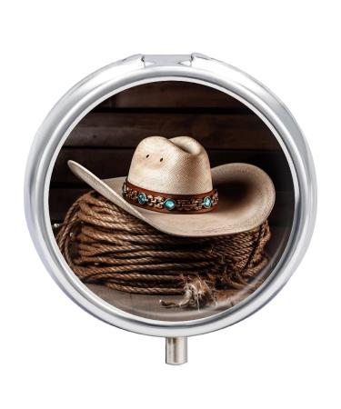 Round Pill Box American West Rodeo Hat Print 3 Compartment Medicine Pill Case Print Pill Organizer Decorative Metal Portable Pill Box Pocket Pill Box Style