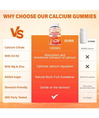 Calcium Magnesium Zinc Supplement Gummies with Vitamin D3 K2 & B Complex for Women Men 1000mg Calcium Citrate with Magnesium Gummies for Bone Muscles & Immune Support Sugar Free Vegan Peach 60 Count (Pack of 2) - Buy Online on GoSupps.com