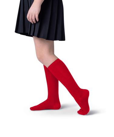 Girls Knee High Bamboo Seamless Toe Socks 3 Pairs Little Big Girl Socks for School Uniform 7-8 Red- 3 Pairs