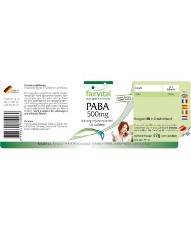 Fairvital | PABA 500mg (Vitamin B-10 para-aminobenzoic acid) 100 tablets VEGANs - against wrinkles skin protection and lets gray hair disappear - Buy Online on GoSupps.com