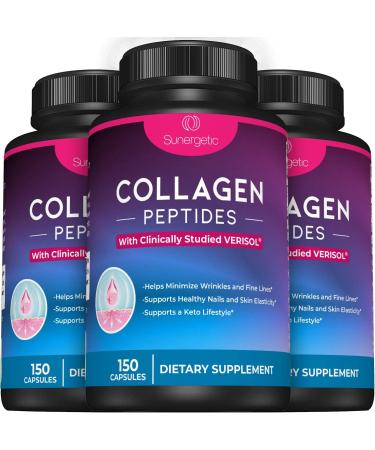 Sunergetic Premium Collagen Peptides Capsules 2500 mg of VERISOL Collagen Peptides Type 1 & Type 3 Multi Collagen Supplement to Support Joint Health, Hair, Skin & Nails 150 Collagen Capsules - Buy Online on GoSupps.com