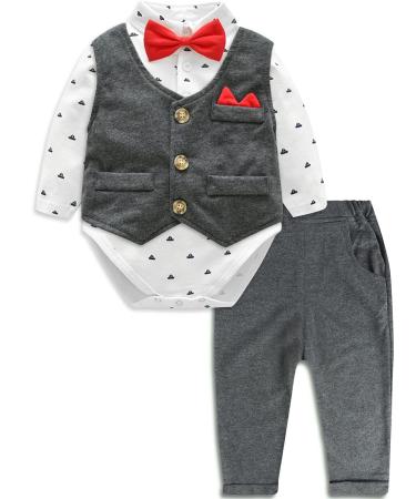 mintgreen Baby Boys Formal Outfit 3 Pieces Newborn Gentleman Wedding Tuxedo Bodysuit + Waistcoat + Trousers Grey 9-12 Months