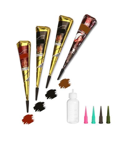 Temporary Tattoo Set, 4Pcs Cones with Three Colors, 20Pcs Adhesive Stencil, 1Pcs Bottle, 4Pcs Nozzles