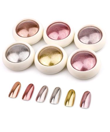 BISHENGYF Chrome Nail Powder 6 Jars Rose Gold Mirror Effect Manicure Pigment Glitter Dust for Salon Home DIY Nail Art Deco with 6 Eyeshadow Applicators
