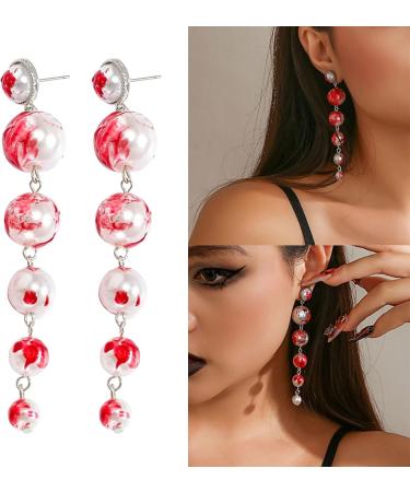Feylie Halloween Blood Stained Pearl Earrings | Long Tassel Drops | Imitation Barrels Quasten Jewelry for Women & Girls - Buy Online on GoSupps.com
