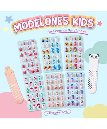 Modelones 144Pcs 6 Pack Kids Press on Nails - Pre-glue Full Cover Glitter Gradient Rainbow Candy False Nail Art Kit for Valentines Day - Buy Online on GoSupps.com