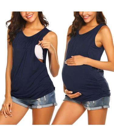 UNibelle Women's Maternity Nursing Top Breastfeeding Tank Top Tee Shirt Double Layer Sleeveless Pregnancy Shirt S-XXL XXL C_navy Blue