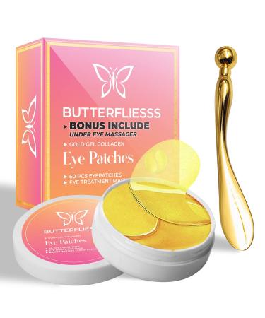 Butterfliesss - 60 Pcs Gold Eye Mask - Under Eye Patches for Dark Circles and Puffiness 24K Gold Eye Patches for Puffy Eyes and Wrinkles Collagen Infused Skincare for Men & Women Refresh & Hydrate for Radiant Skin