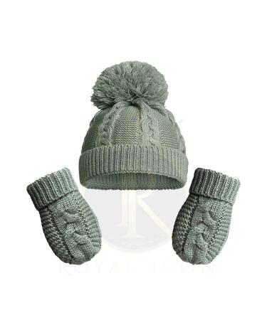 Royal Icon Baby Knitted Pom Pom Hat with Mittens Baby Boys Girls Winter Hat Mittens Set Cable Knit Single Pom Pom Bubble Hat Colours Available NB-12 Months RI6512 0-12 Months Sage Green