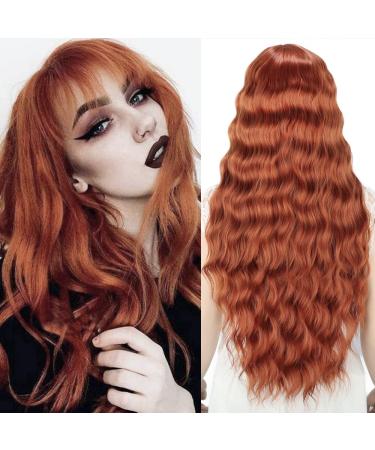YEESHEDO Auburn Long Hair Wigs for Women Natural Curly Wavy Synthetic Wigs with Fringe Auburn Red Wig for Party Cosplay or Daily 28 Inches Rusty red