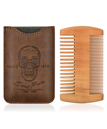 Beard Power Wooden Beard Comb & Durable Case for Men with Sexy Beard, Fine & Coarse Teeth, Pocket Comb for Beards & Mustaches,Brown Skull Design