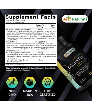 Best Naturals Day-to-Day Digestive Support 90 Veg Capsules - Made with Digestive Enzymes Probiotics & Herbal Blend - Made in The USA - Buy Online on GoSupps.com
