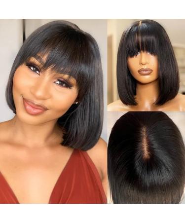 U&A Wear and Go Human Hair Short Bob Wigs With Bangs HD Lace Glueless Wigs Natural Black Bob Wigs With Bangs Brazilian Virgin Human Hair 180 Density (10 inch) 10 Inch Black color