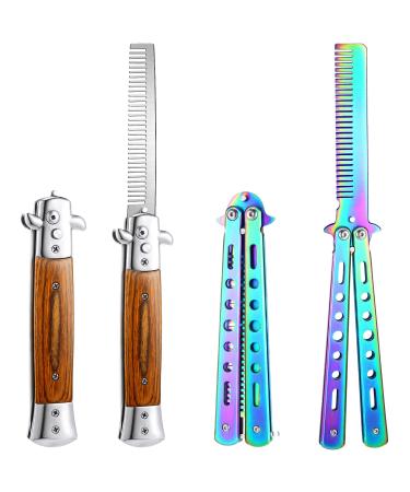 2 Pieces Wood Grain Switchblade Blade Comb Pocket Hair Brush Automatic Push Button Brush and Folding Butterfly Comb Stainless Steel Training Practice Comb Outdoor Practice Comb (Iridescent)