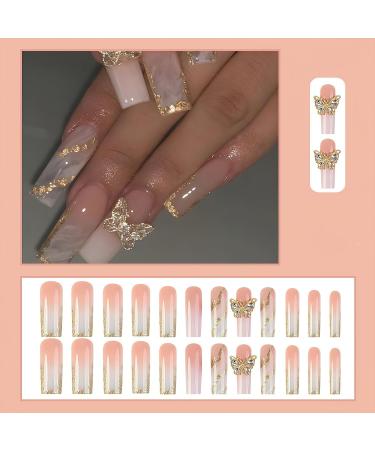 Gold Glitter Press on Nails - Long Square Glossy Ombre Acrylic with 3D Butterfly Designs | Reusable Bling Coffin Fake Nails | 24Pcs for Women - Buy Online on GoSupps.com