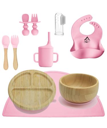 Baby Luxe 10 Piece Bamboo Weaning Set + Free Teething Toothbrush. Divided Suction Plate High Sided Bowl Sippy Cup Adjustable Bib Mat Spoon Fork Kids Cutlery. Self Feeding Tableware Baby Pink