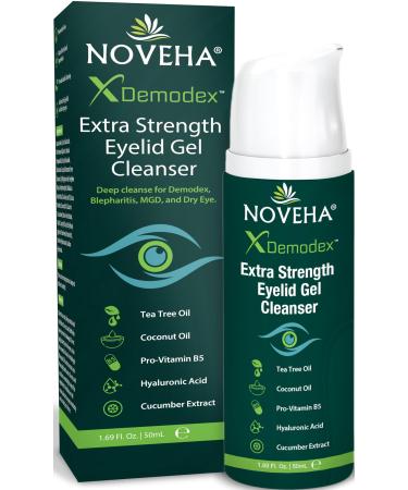NOVEHA Demodex Extra Strength Eyelid Gel Cleanser - for Demodex MGD and Dry Eye with Pro-Vitamin B5 Tea Tree Oil and Hyaluronic Acid - Gentle Cleansing Soothes Itchy Eyelid - 50mL (1 Pack)