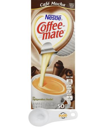Coffee Mate Cafe Mocha Liquid Coffee Creamer 0.375oz x 50 with World Food Shop Scoop | Mocha Flavour - Non-Dairy Liquid Creamer Singles - Convenient Scoop Included - Elevate Your Coffee Moments