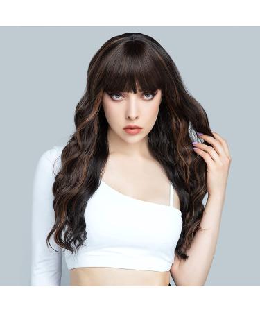 ENTRANCED STYLES Dark Brown Wig with Bangs â€“ Long Wavy Synthetic Wig with Blonde Highlights for Women | Heat Resistant & Natural Look - Buy Online on GoSupps.com