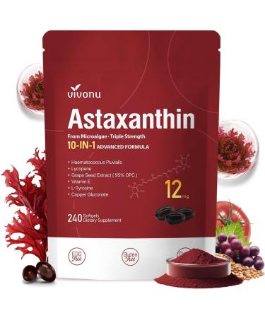 VivoNu Astaxanthine 12 mg 240 G lules pour 4 Mois | Compl ment Antioxydant Premium | Source de Microalgues Fra ches | Sans Additifs 12mg - 240 Unit - 1 Sac
