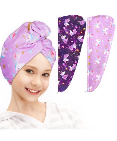 FIOBEE Microfiber Hair Towel Wrap for Kid Rapid Drying Towel Absorbent Hair Turbans for Wet Hair with Button Women Girls Long Curly Hair Pack of 2 Purple
