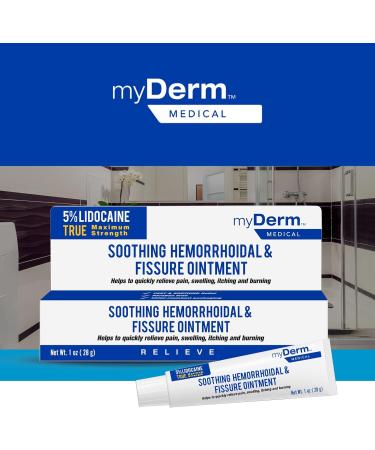 Myderm Medical 5% Lidocaine Hemorrhoidal Ointment - Maximum Strength 1oz Tube - USA Made for Hemorrhoid Relief - Buy Online on GoSupps.com