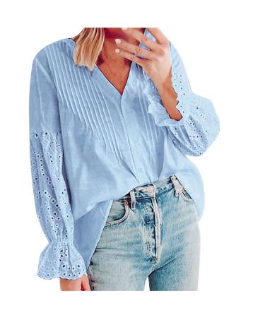 Ganfancp Women's Casual Pullover Solid V-Neck Fall Winter Sweatshirt Long Sleeve Sexy Lace Button Down Cardigan Shirt Top Light Blue Women Tops 02 X-Large
