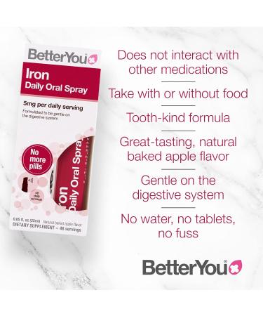 BetterYou Iron Daily Oral Spray - 5mg Highly Absorbable Iron, Immune Support, Baked Apple Flavour - 25ml (1 Pack) - Buy Online on GoSupps.com