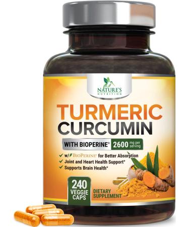 Turmeric Curcumin with BioPerine 95 Curcuminoids 2600mg - Natural Joint  Healthy Inflammatory Support Black Pepper for Max Absorption Natures Nutrition Tumeric Extract Supplement - 240 Capsules 240 Count (Pack of 1)