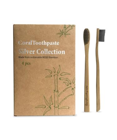 Coral Toothpaste Natural Biodegradable Nano Silver Infused Bamboo Toothbrush Eco-Friendly BPA-Free - 4 Pack