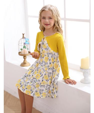 Puseky Toddler Girl Floral Print Sleeveless Dress and Ribbed Cardigan Set - 18-24 Months Yellow - Buy Online on GoSupps.com