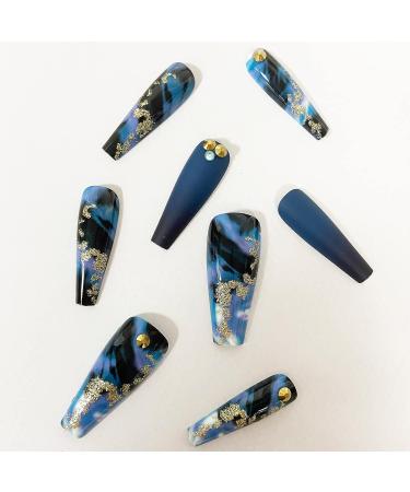 Dark Blue Marble Luxury Coffin Fake Nails - Glitter Wave Rhinestone Design for Women and Girls | Long Press-on Artificial Nails - Buy Online on GoSupps.com