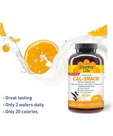 Country Life Cal-Snack Chewable Calcium Magnesium with Vitamin D 1000mg/500mg/50 IU - Dairy-Free Vanilla Orange Flavor - 120 Wafers - Certified Gluten Free & Vegan - 120 Count - Buy Online on GoSupps.com