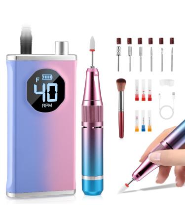 Electric Nail Drill 40000RPM Portable Rechargeable Nail File Kit with 12 Drill Bits 3000mAh Electric Nail Files Low Noise Low Vibration Low Heat for Acrylic Nails Professional Nail Tools