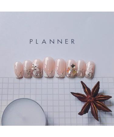 V French Tips Short Square Press-On Nails | Flower Acrylic Fake Nails with Rhinestones & Glitter | Glossy Nude Glue-On Nail Art for Daily Wear - Buy Online on GoSupps.com