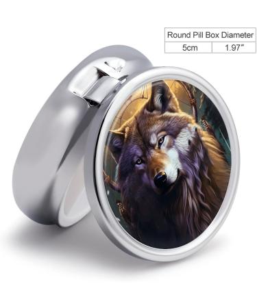 Round Pill Box with Wolves & Dream Catchers | 3 Compartment Decorative Metal Organizer - Portable Pocket Pill Case - Buy Online on GoSupps.com
