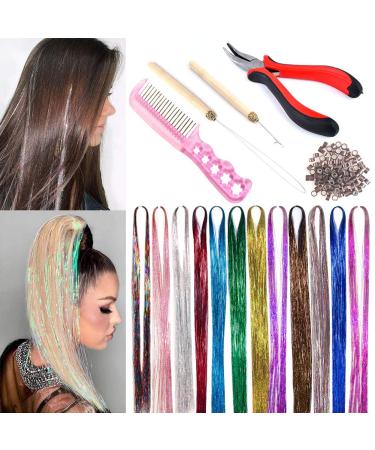 Wensdr Haar-Lametta with tools 12 colors 1800 strands sparkling glossy lametta hair extensions 99 cm hair-lametta strand set for women and girls