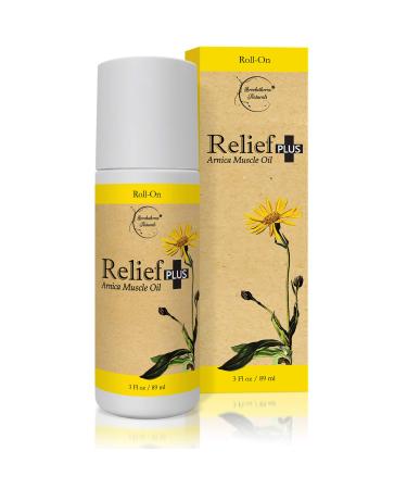 Relief Plus Arnica Muscle Oil All Natural Highly Concentrated Roll On - Cypress Eucalyptus & Helichrysum Essential Oils & Menthol for Sore Muscles Aching Joints by Brookethorne Naturals
