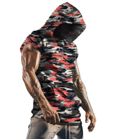 Mens Workout Tank Tops with Hood Sleeveless Gym t-Shirt Muscles Tees Athletic Pockets Red Camouflage XX-Large
