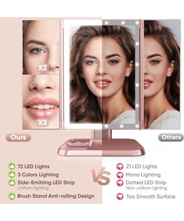 Trifold Makeup Mirror with Lights - 3 Color Modes, 72 LED Vanity Mirror, 1x/2x/3x Magnification, Touch Control, Portable High Definition Cosmetic Mirror - Pale Pink - Buy Online on GoSupps.com