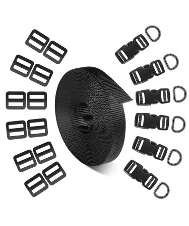 Buckle Strap Set 5/8 Inch: Nylon Webbing Straps 6 Yards Quick Side Release Plastic Buckles Dual Adjustable 6 Pack Tri-Glide Slide Clip 12 PCS Metal D Rings 6 PCS Black