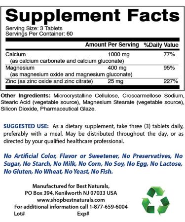 Best Naturals CAL MAG ZINC - 180 Tablets - USA Facility, GMP Certified, Third Party Tested - Essential Mineral Complex - Buy Online on GoSupps.com